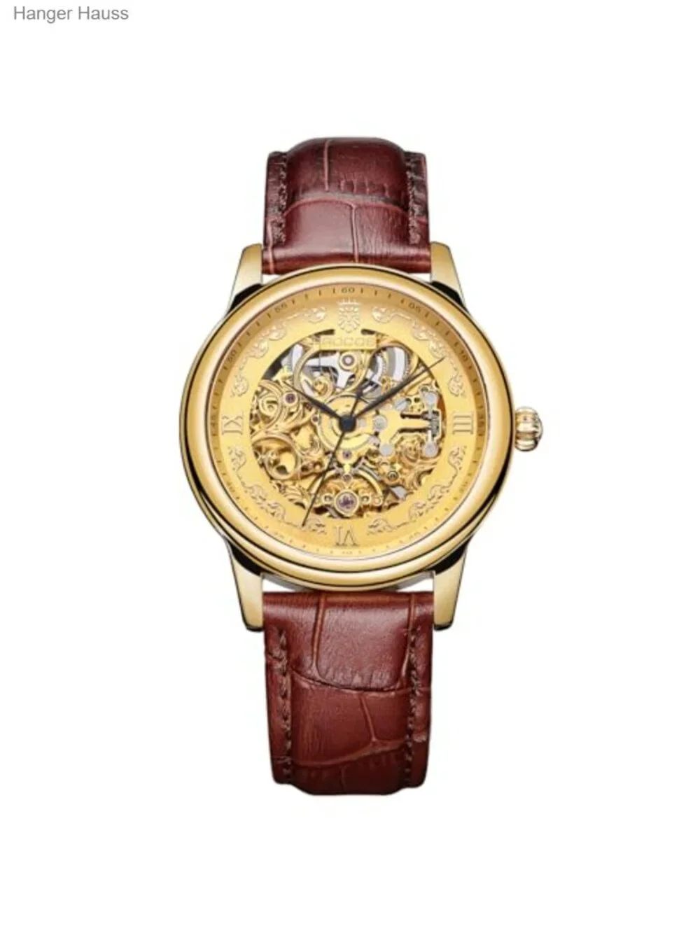 Luxury Gold Skeleton Dial Automatic Mechanical Watch for Men, Self-Winding